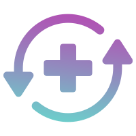 A clean and professional symbol featuring a central plus sign and a motion-inspired arrow, set on a monochrome background.